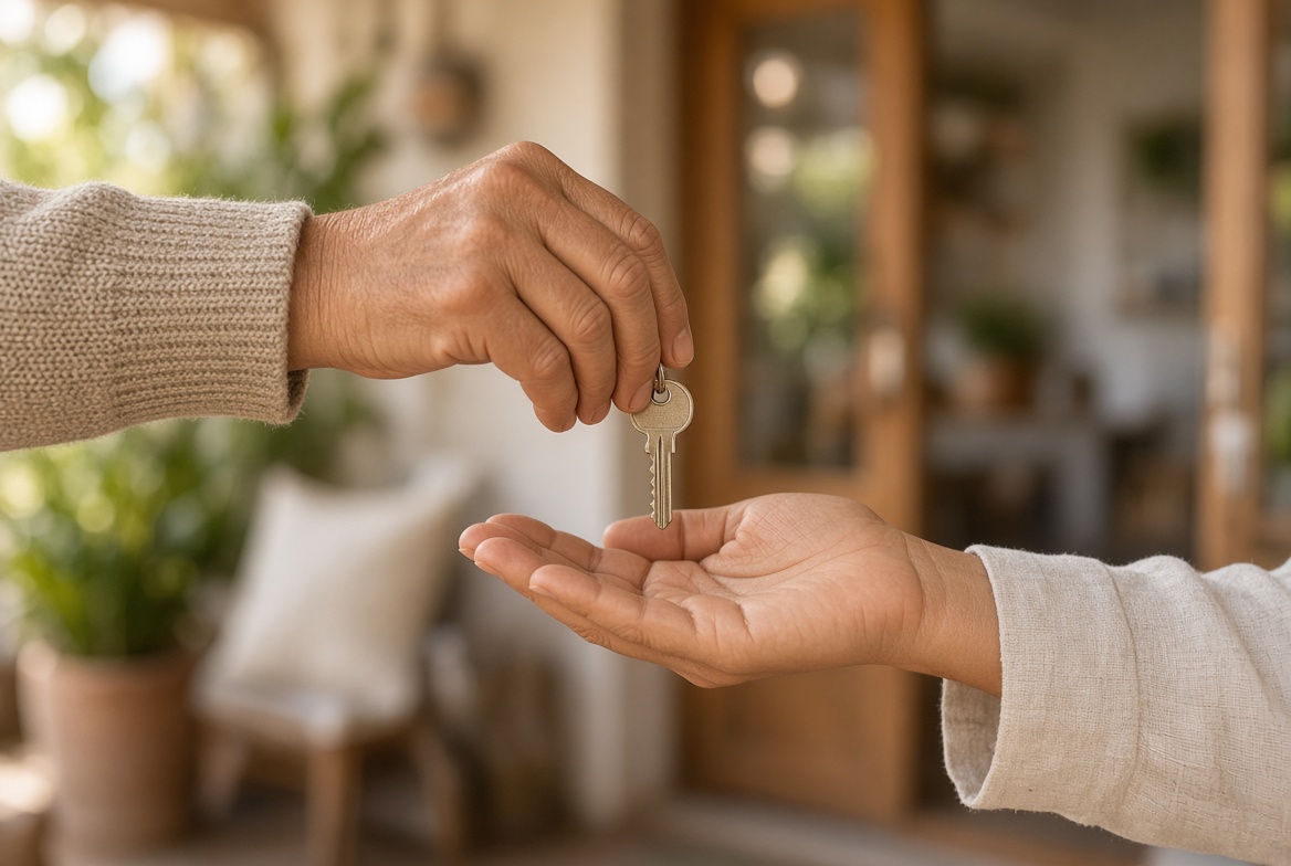 One hand passing a house key into another hand, warm home setting in the background