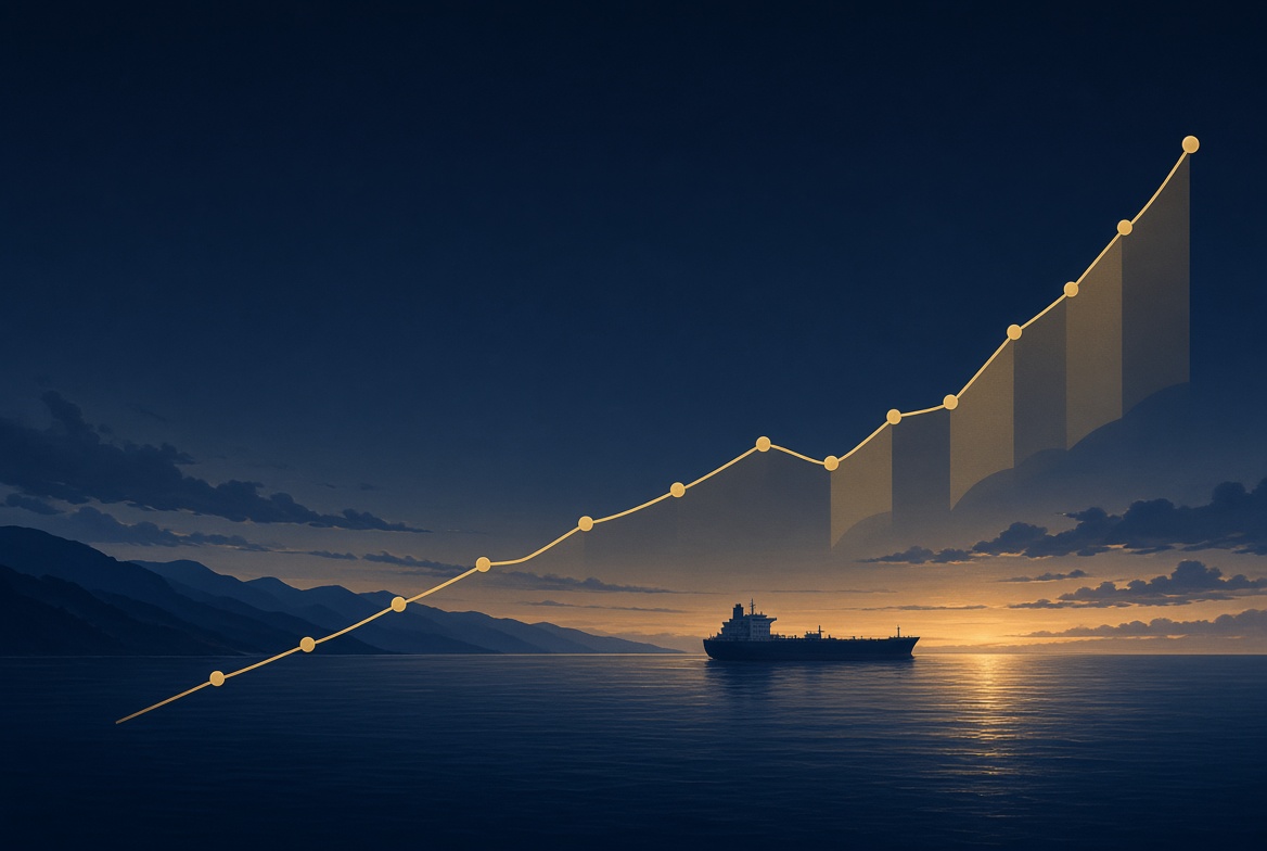 Rising rate trend line against a shipping-lane sunset