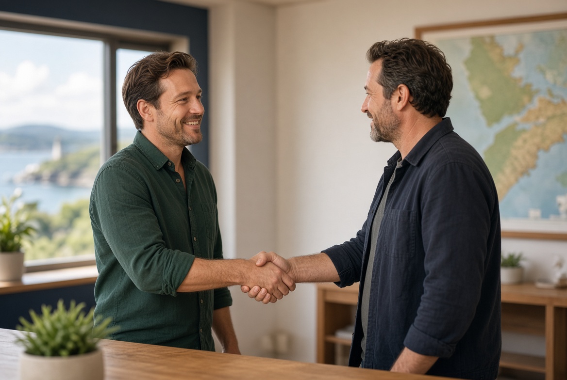 Two people shaking hands warmly in a bright office with a coastal Nova Scotia view
